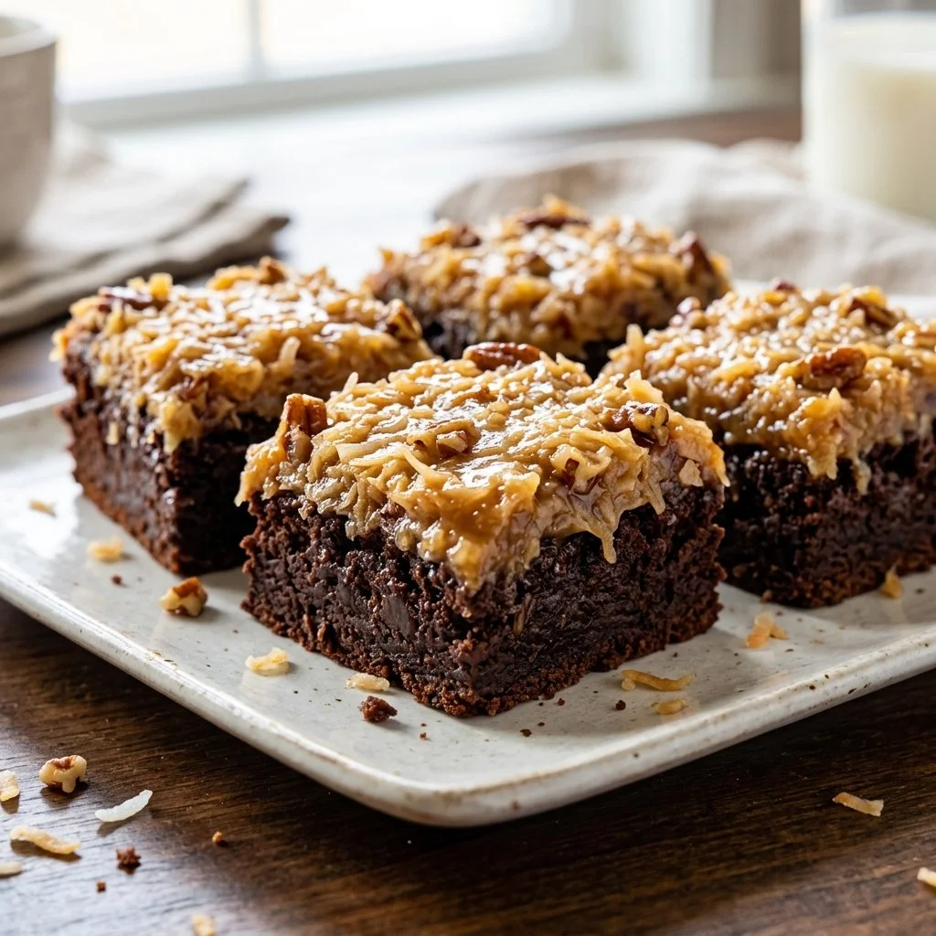 Delicious German Chocolate Brownies topped with coconut and pecan frosting