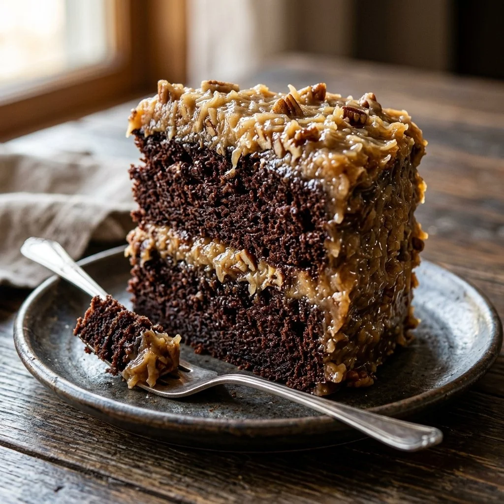 Delicious homemade German Chocolate Cake with chocolate layers and coconut frosting