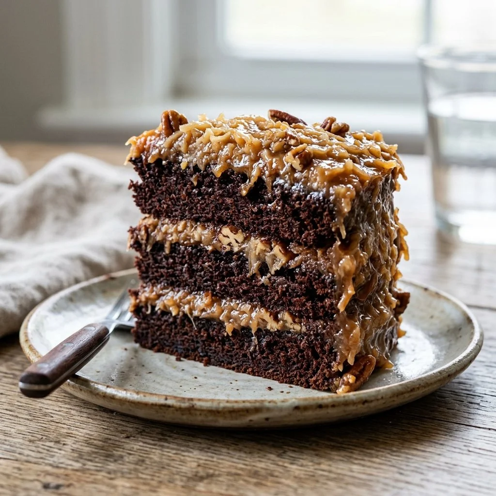 Delicious German Chocolate Cake with coconut frosting and chocolate layers