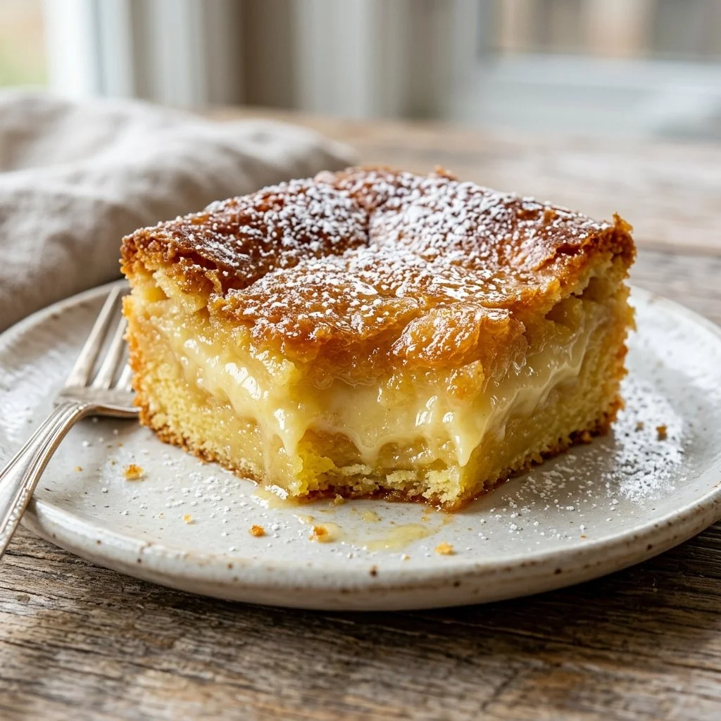 Delicious slice of Gooey Butter Cake with a golden crust and creamy filling