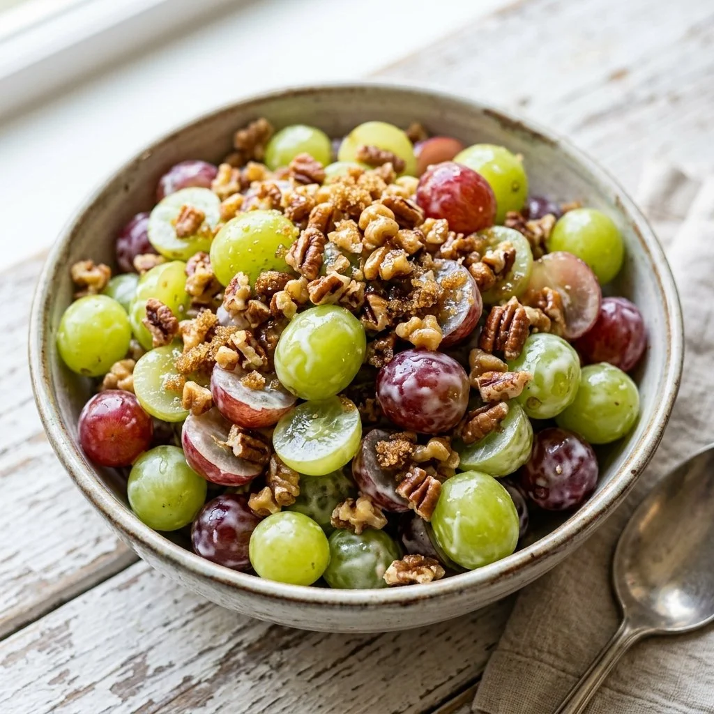 Fresh grape salad with mixed greens and nuts served in a bowl