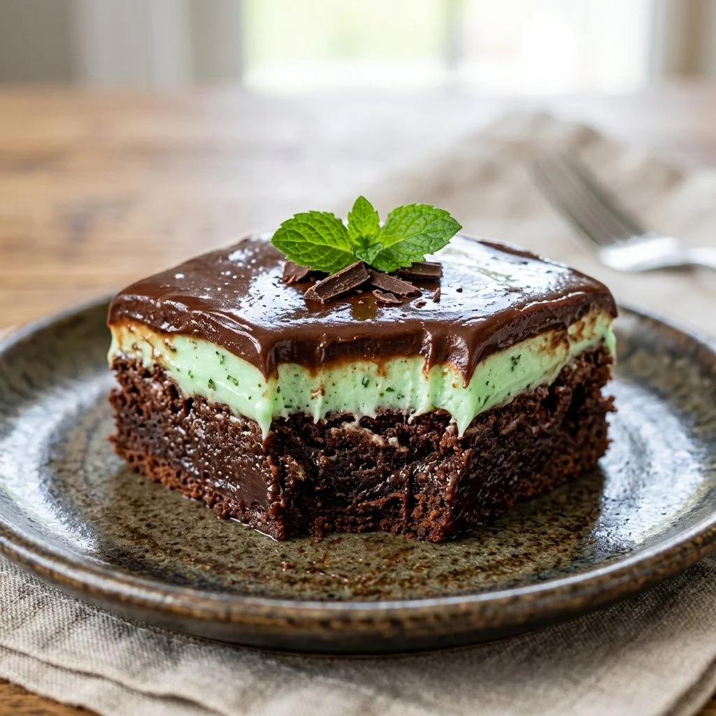 Delicious Grasshopper Brownies topped with mint and chocolate