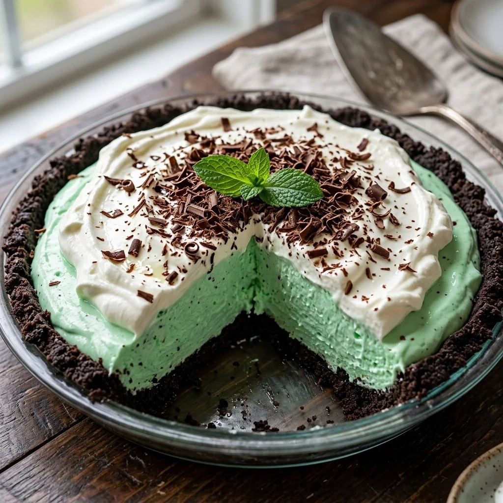 Deliciously layered grasshopper pie with mint and chocolate filling