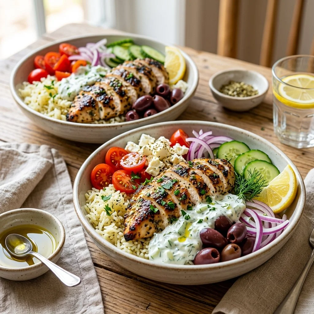 Delicious Greek Chicken Bowl with fresh vegetables and herbs.