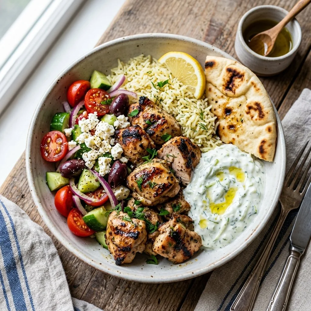 Delicious Greek chicken bowl topped with fresh vegetables and herbs.