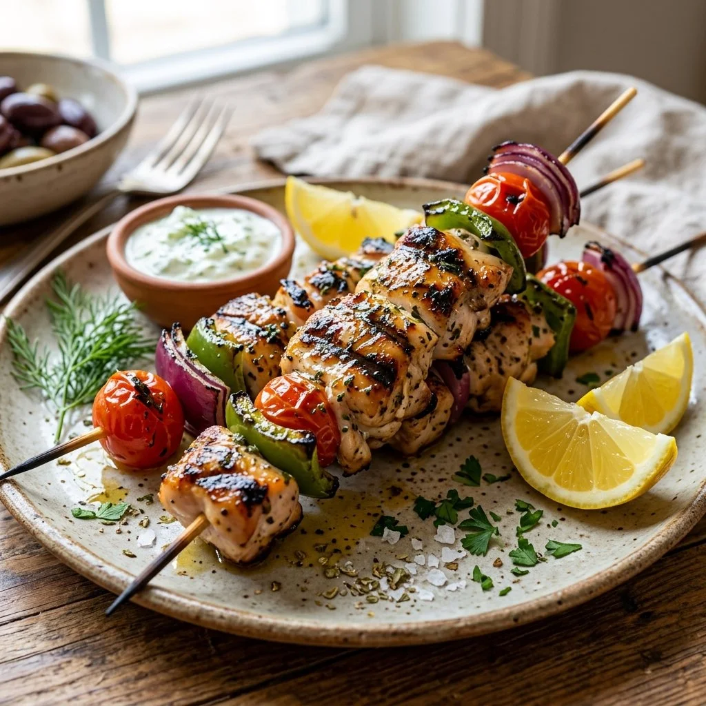 Grilled Greek Chicken Skewers with colorful vegetables on a serving plate