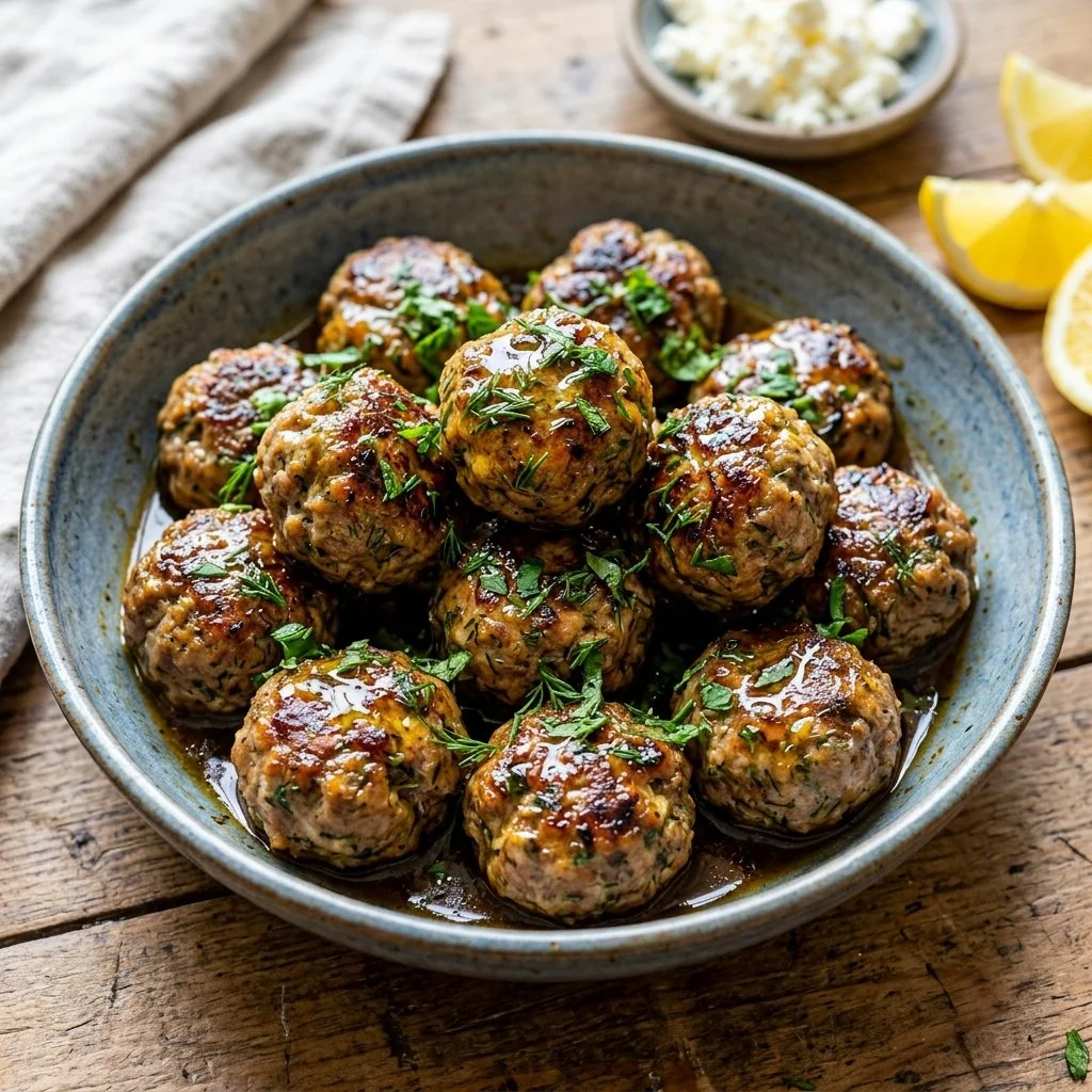 Plate of flavorful Greek lamb meatballs garnished with herbs.
