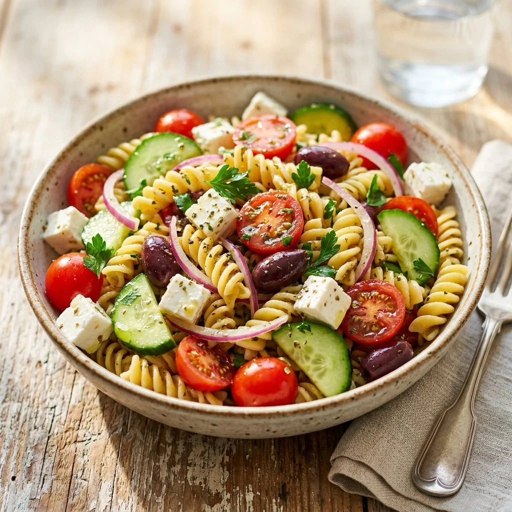 Delicious Greek Pasta Salad with fresh vegetables and olives