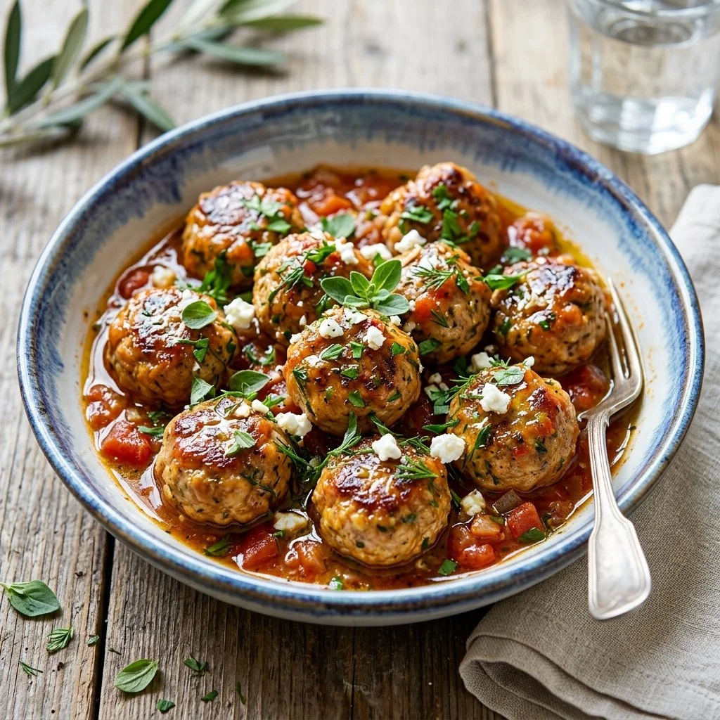 Plate of Greek Turkey Meatballs garnished with herbs and served with sauce