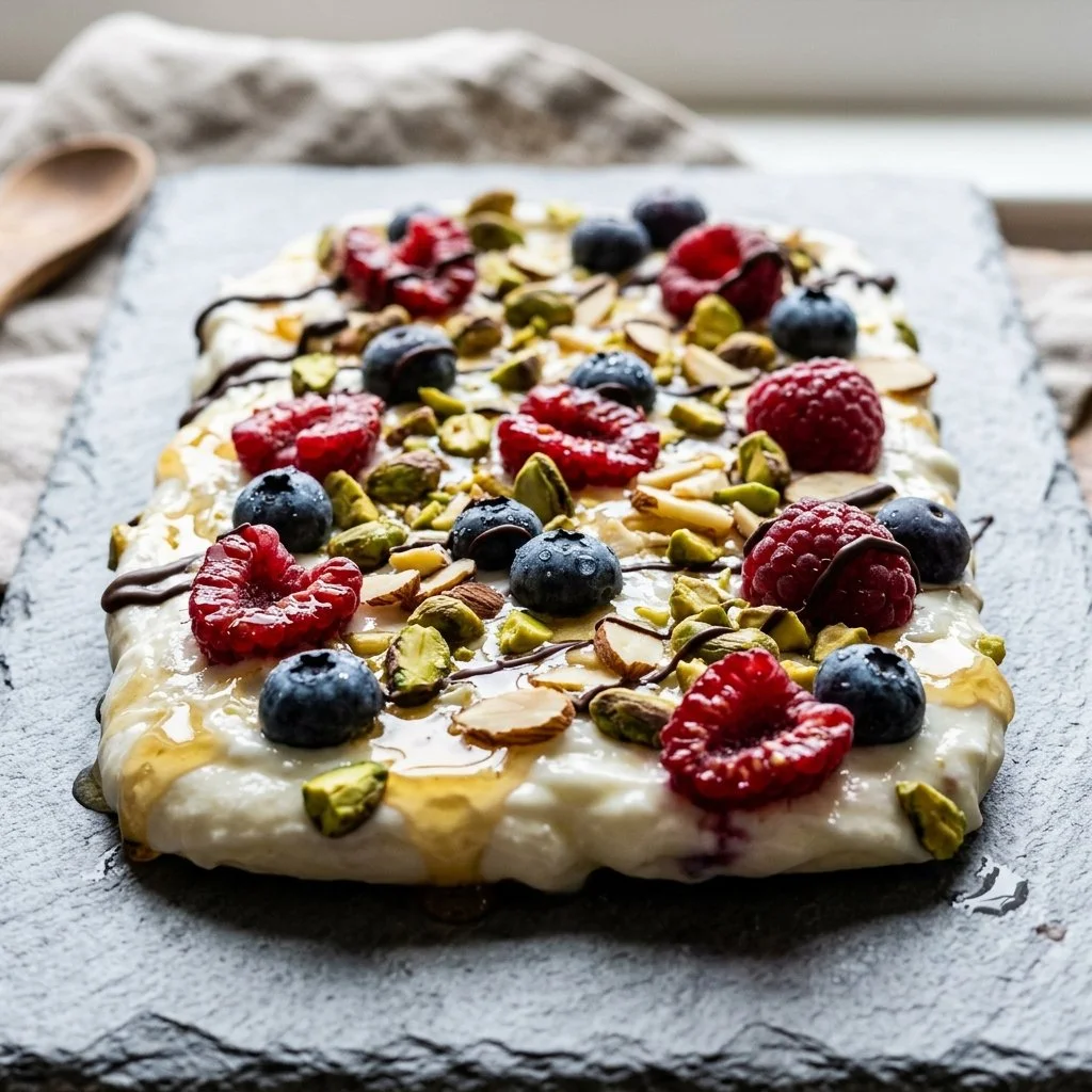 Healthy Greek Yogurt Bark topped with fruits and nuts.