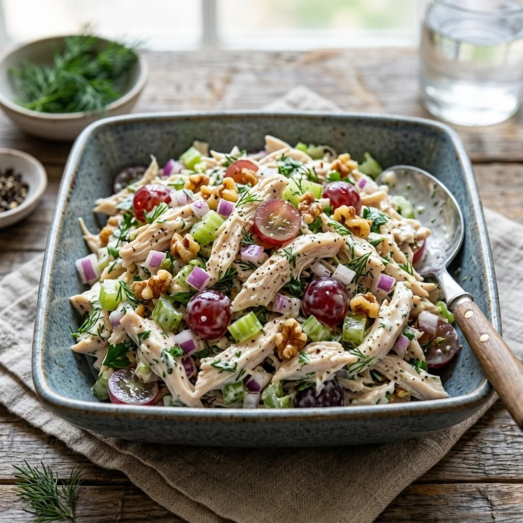 Bowl of creamy Greek Yogurt Chicken Salad with vegetables and herbs.