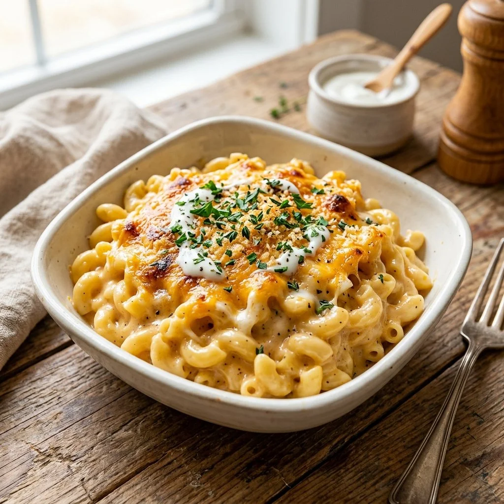 Creamy Greek Yogurt Mac and Cheese topped with herbs and spices