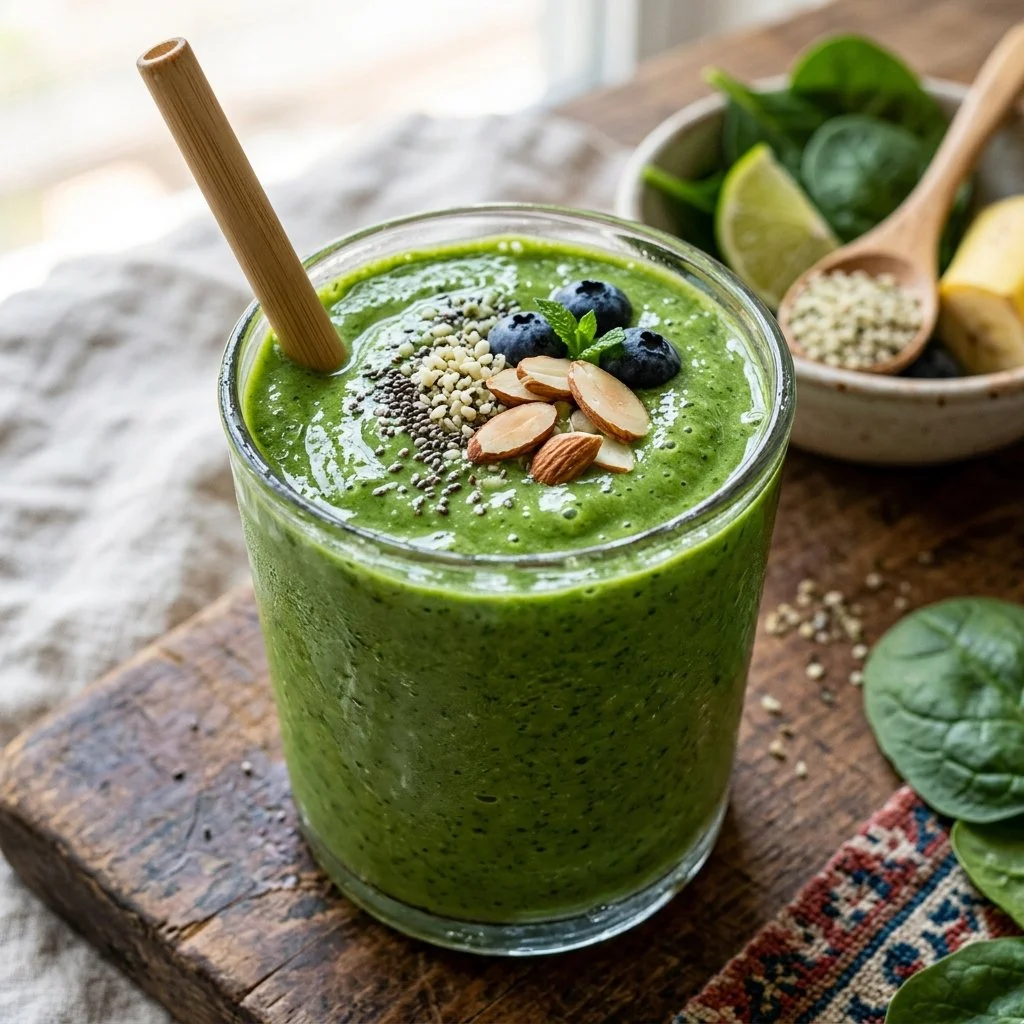 A refreshing green protein smoothie filled with fruits and vegetables.