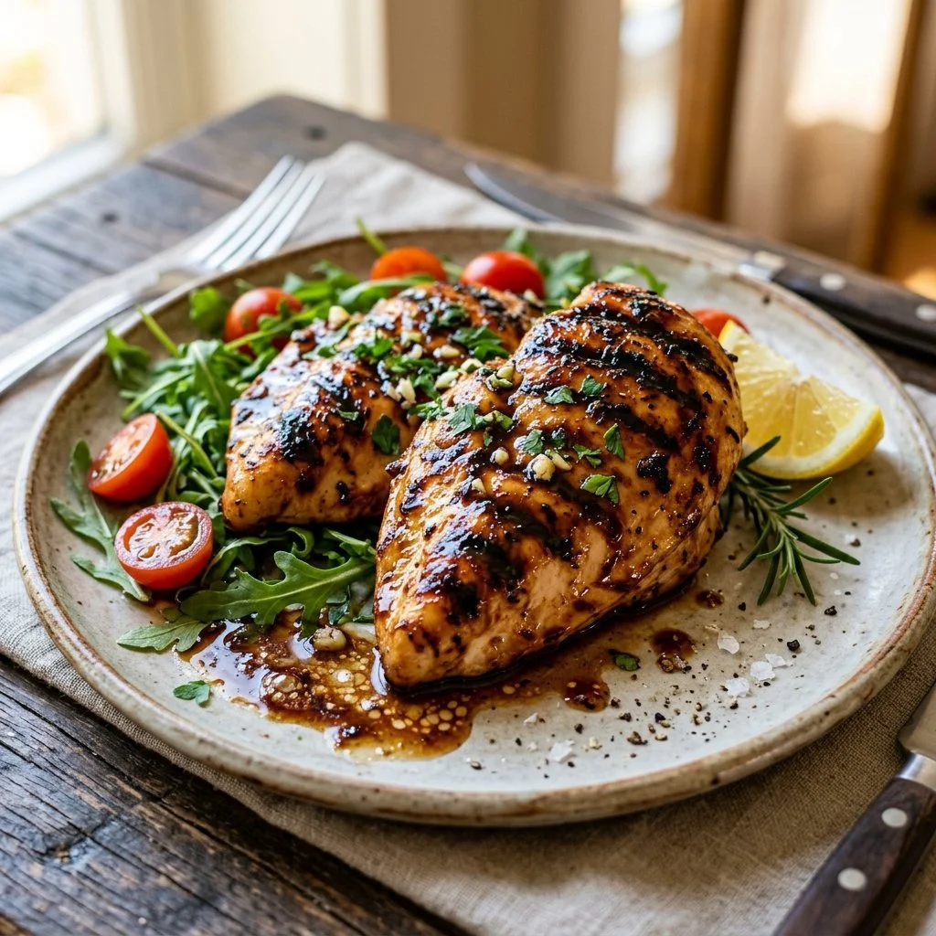 Grilled balsamic chicken served with vegetables on a plate