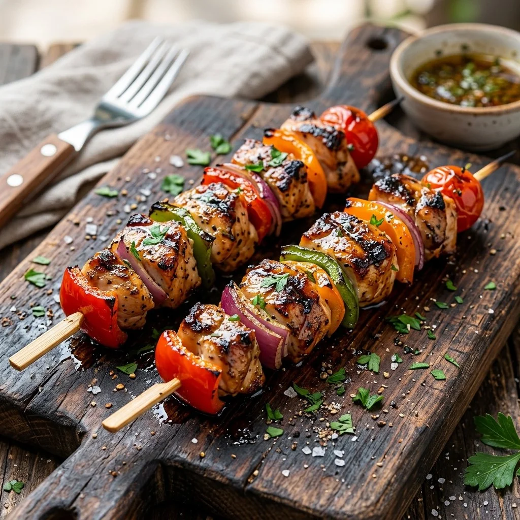 Grilled chicken kabobs with colorful vegetables on skewers