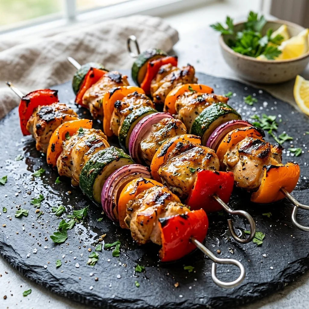 Delicious grilled chicken kabobs with colorful vegetables on skewers