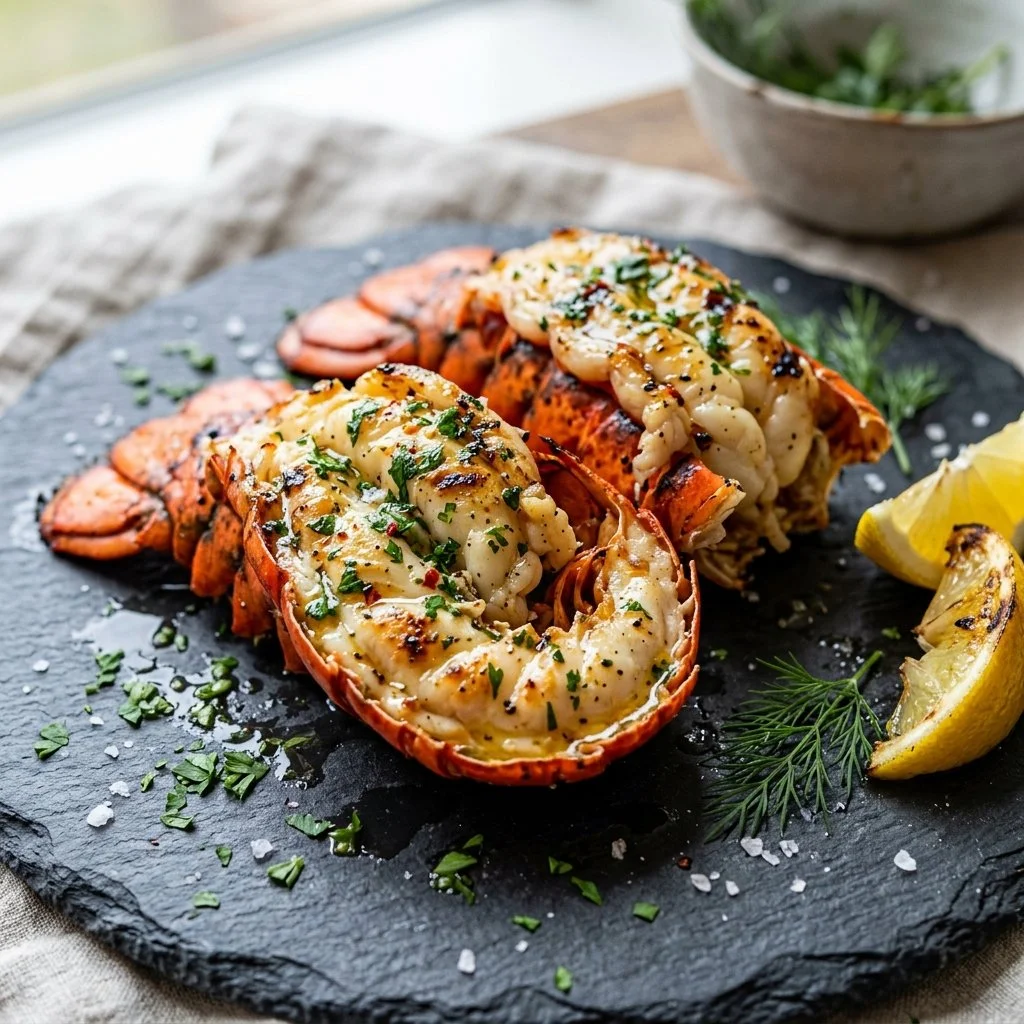 Delicious grilled lobster tails garnished with herbs on a plate.
