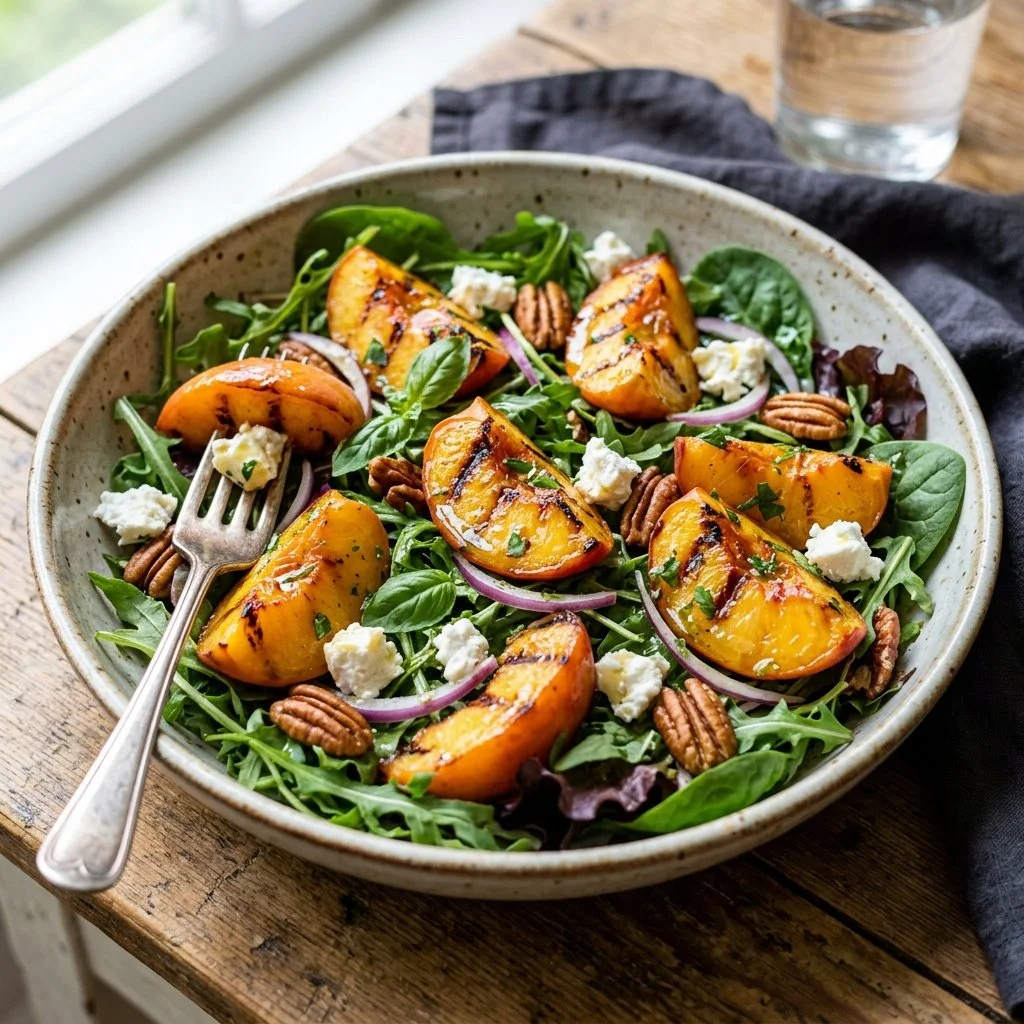 Delicious grilled peach salad featuring fresh greens and vibrant toppings.