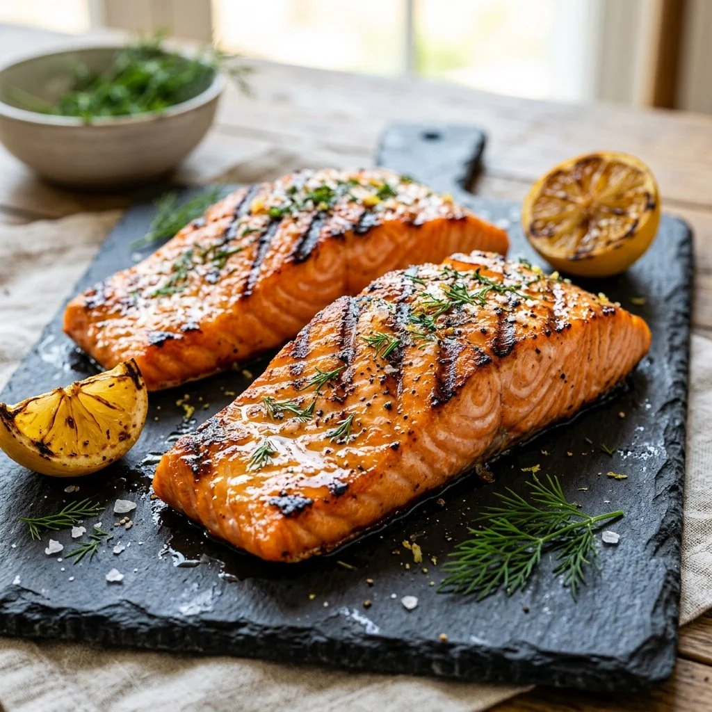 Delicious grilled salmon fillets garnished with herbs and spices