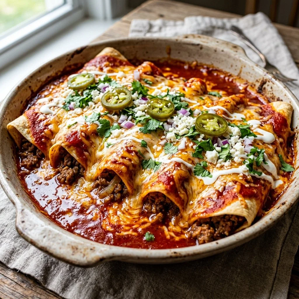 Delicious plate of ground beef enchiladas topped with cheese and sauce
