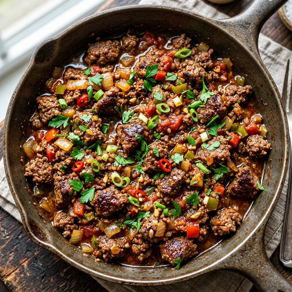 Ground beef skillet dish with vegetables in a frying pan