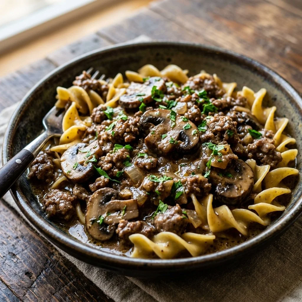 Creamy Ground Beef Stroganoff served in a bowl with pasta and fresh herbs