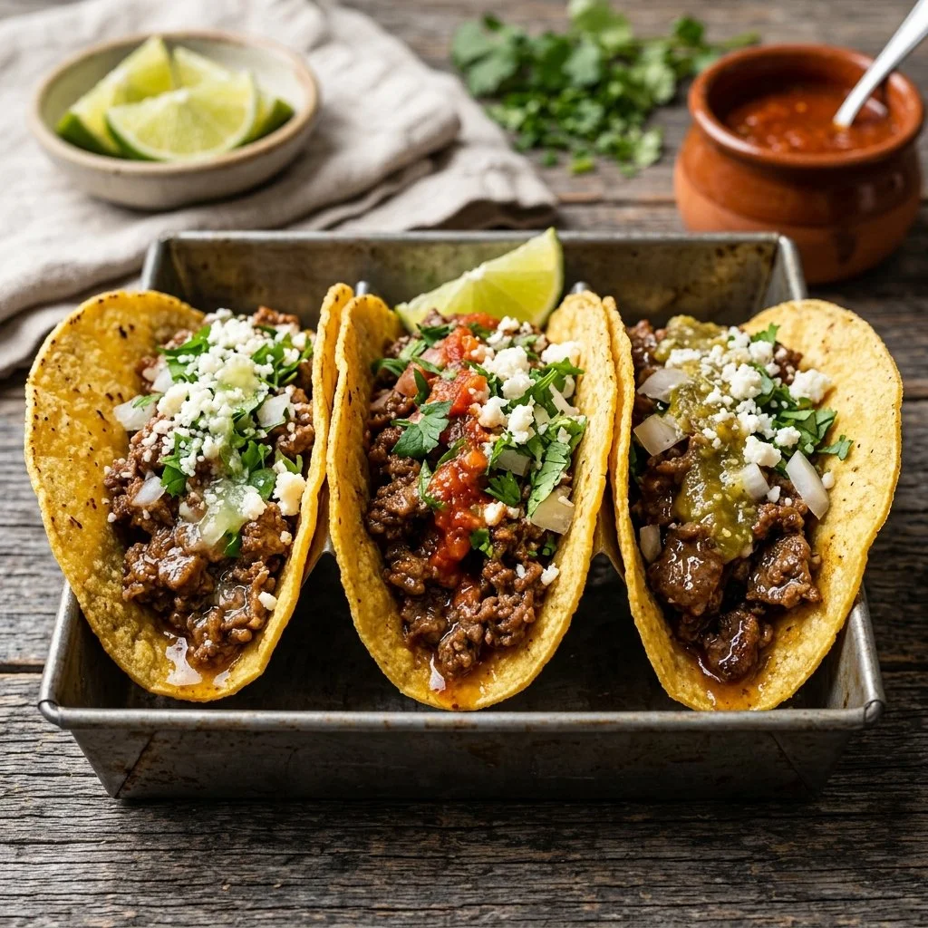 Delicious ground beef tacos topped with fresh ingredients