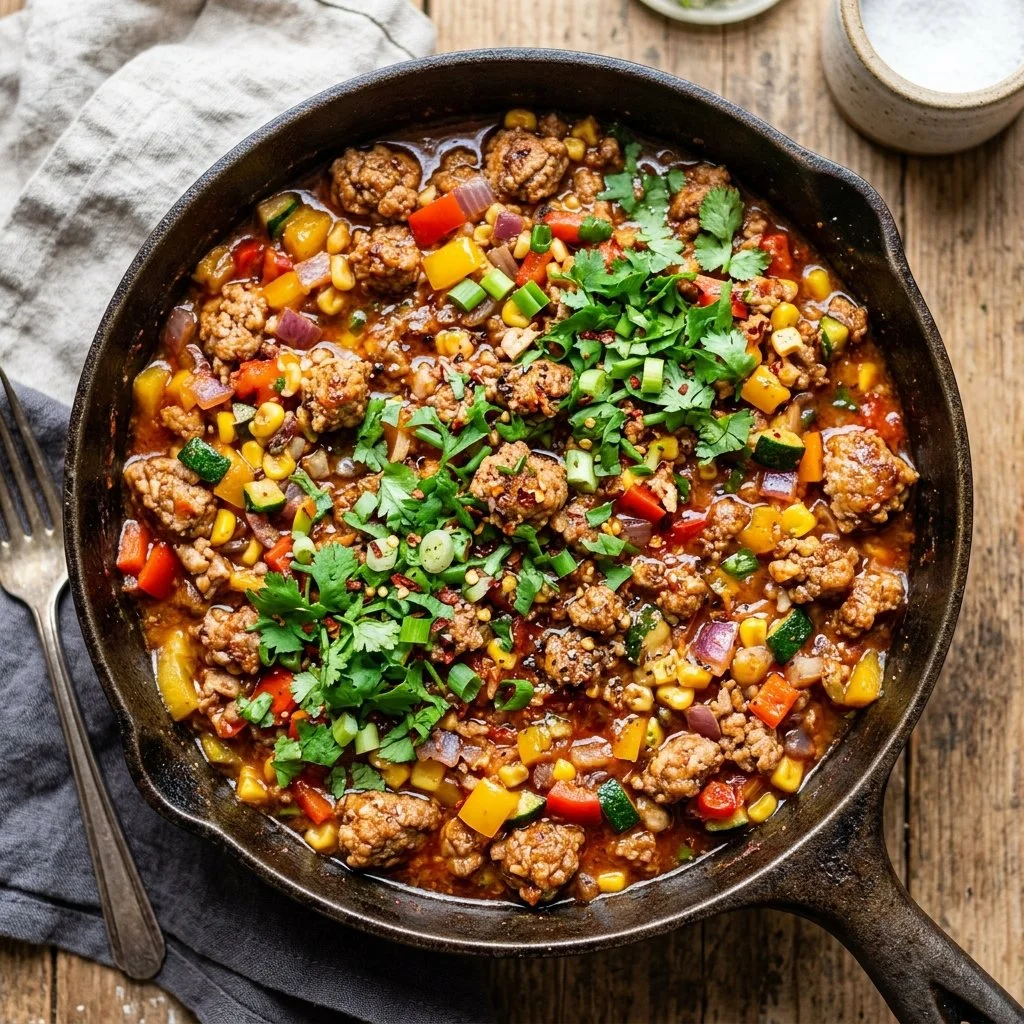 Delicious Ground Turkey Skillet with vegetables in a pan