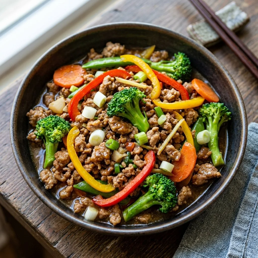 Ground Turkey Stir Fry cooked with colorful vegetables in a skillet