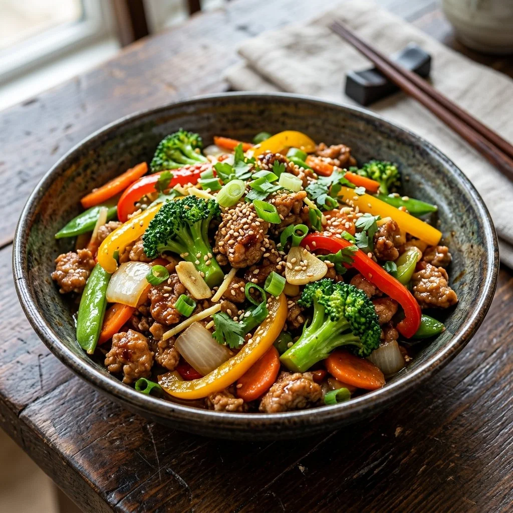 Plate of colorful ground turkey stir fry with vegetables