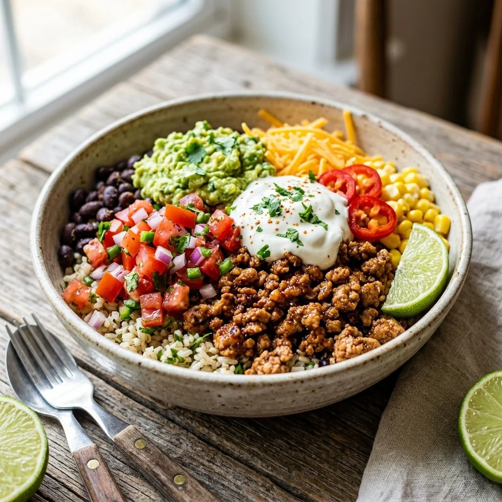 Healthy Ground Turkey Taco Bowls topped with fresh ingredients and spices