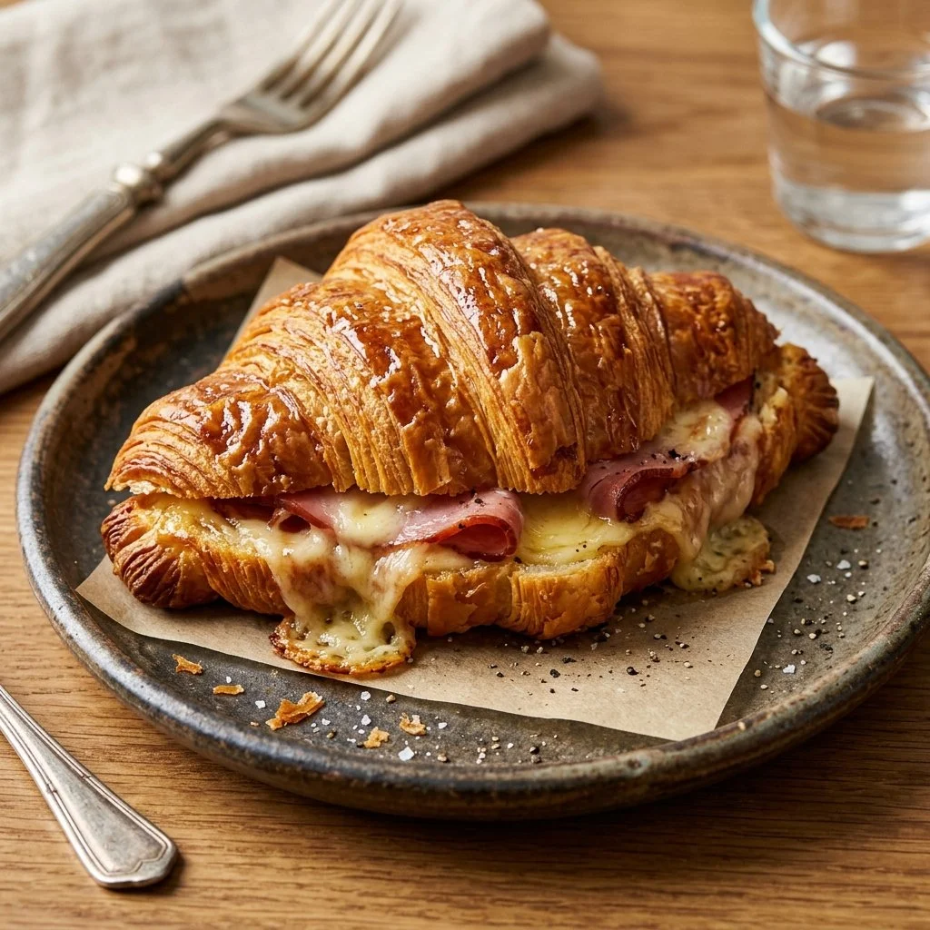 Freshly baked Ham and Cheese Croissants on a wooden platter