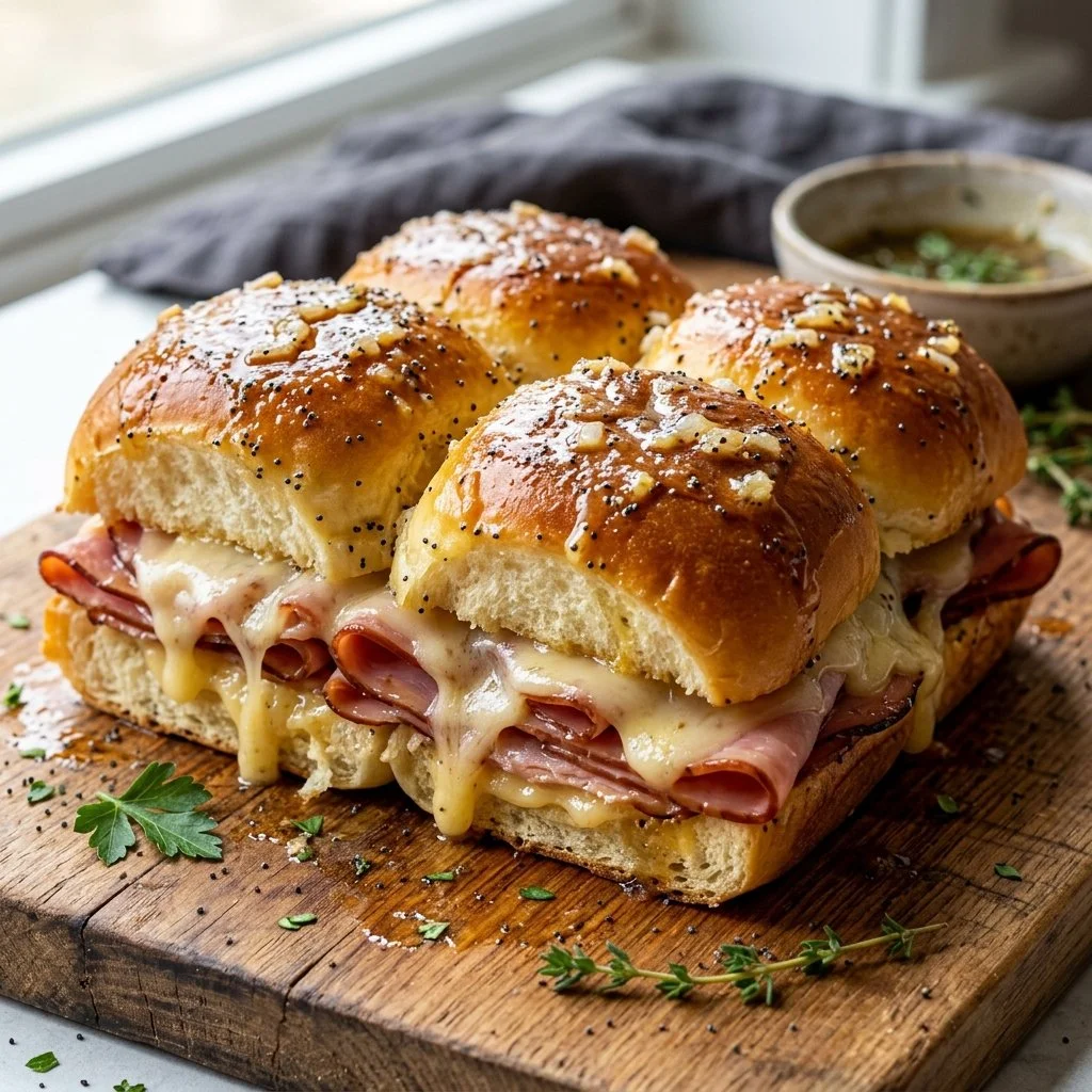 Delicious ham and cheese sliders served on a platter