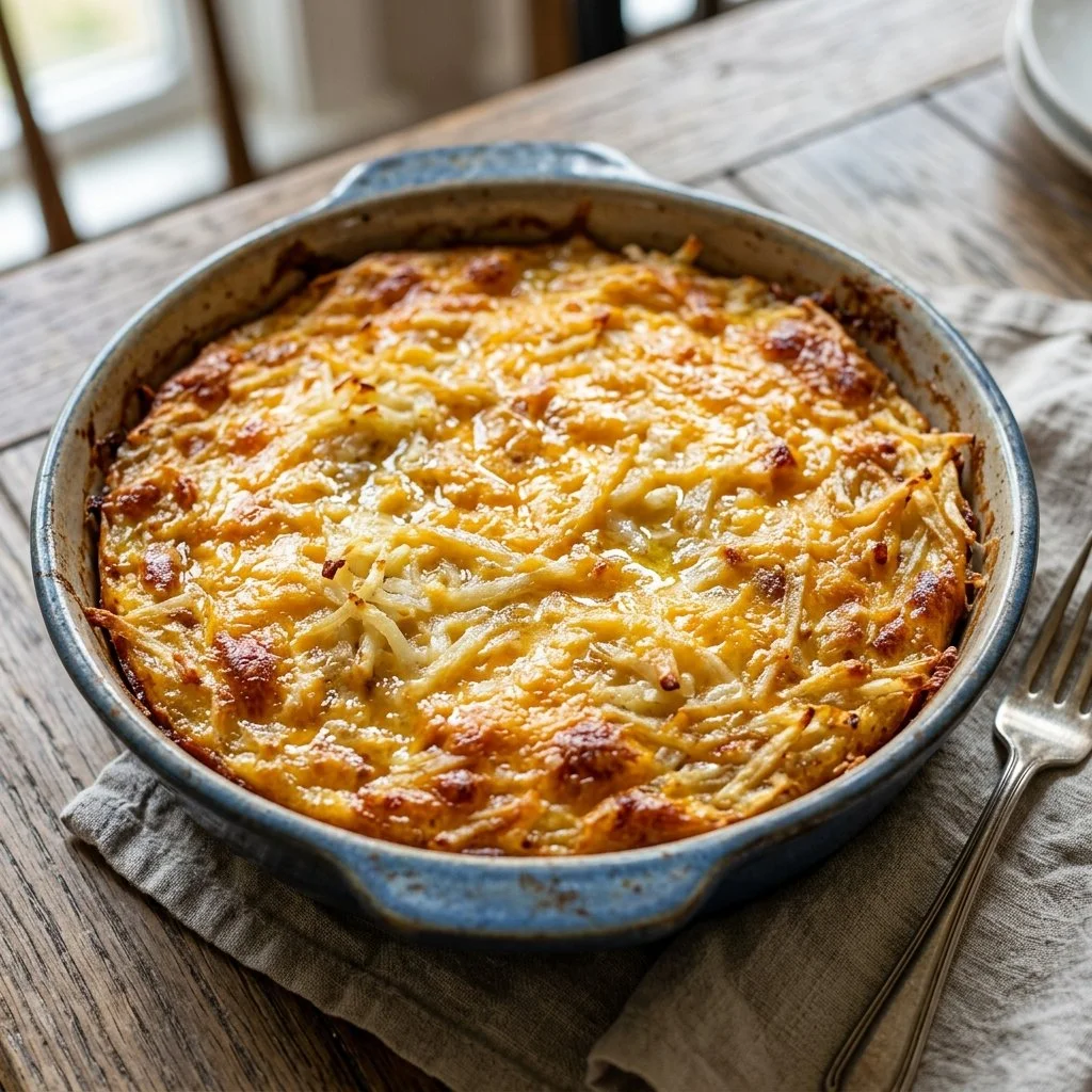 Delicious Hash Brown Casserole topped with cheese and herbs