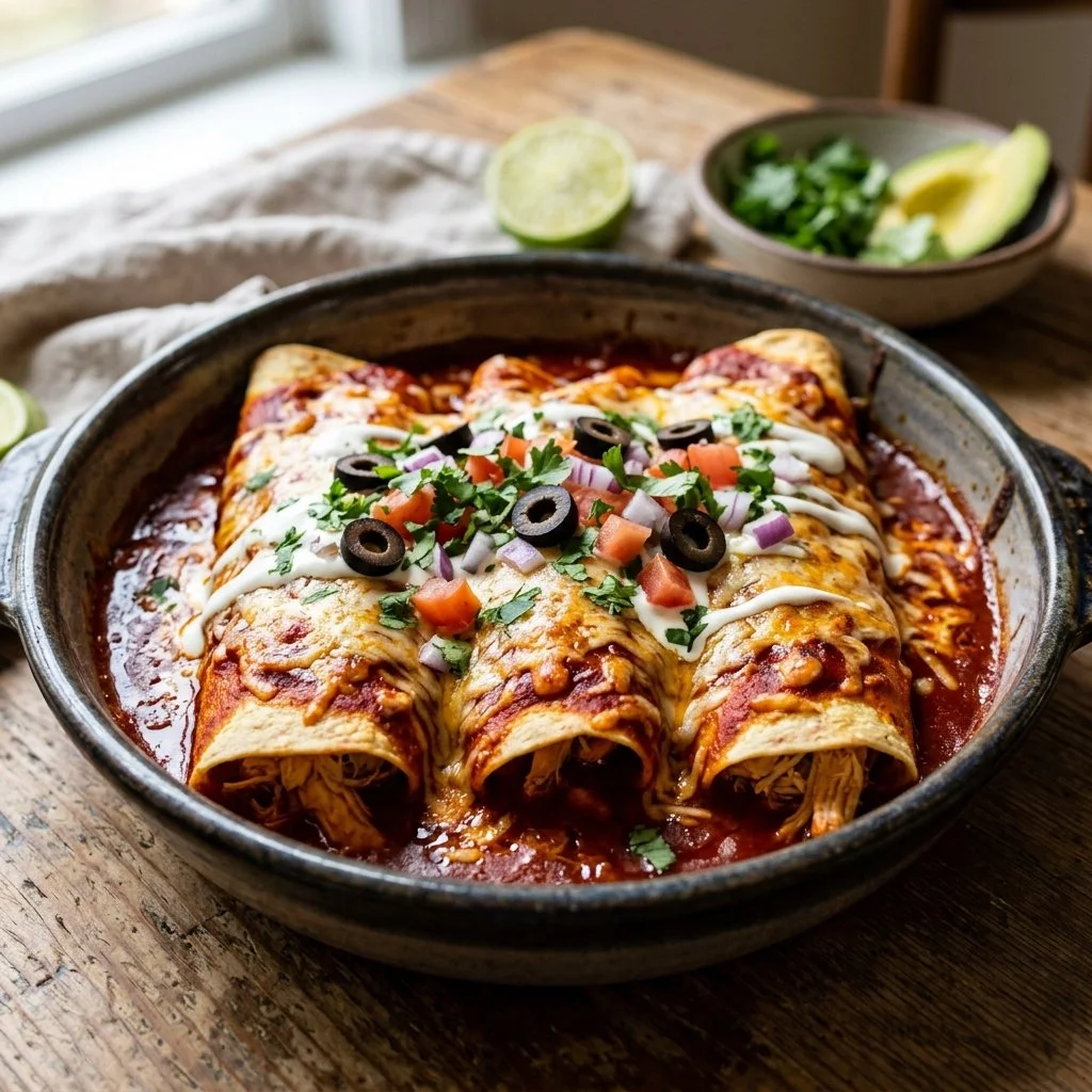 Healthy chicken enchiladas topped with salsa and cheese, served on a plate.