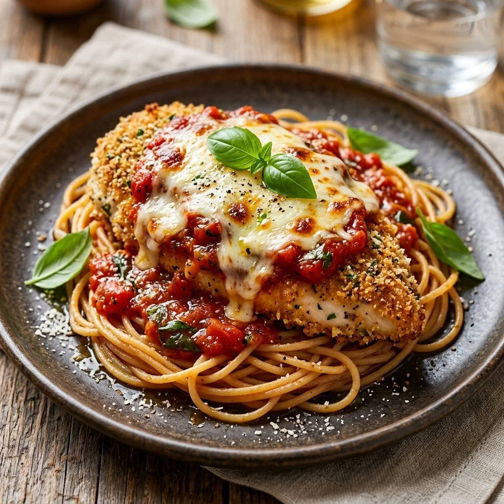 Plate of Healthy Chicken Parmesan with fresh basil and tomatoes