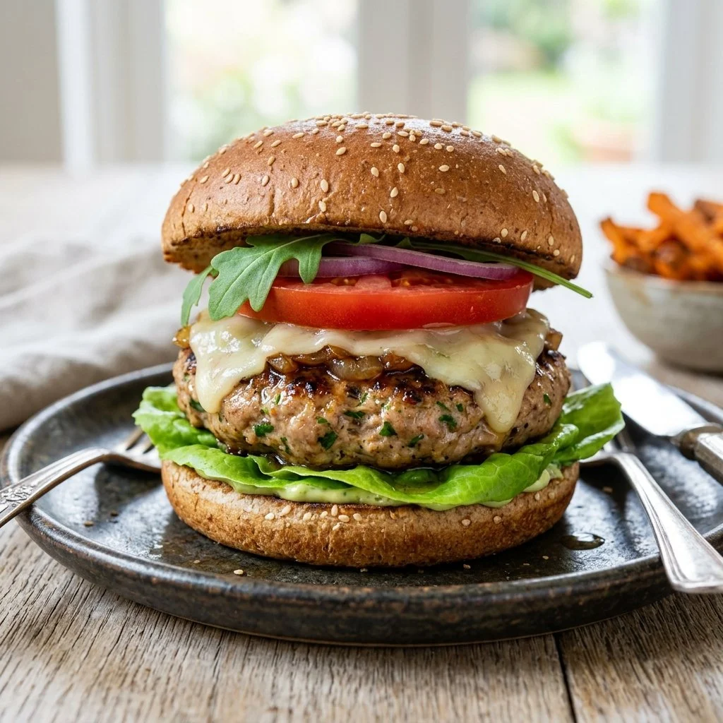 Healthy turkey burgers served with fresh vegetables and whole grain buns