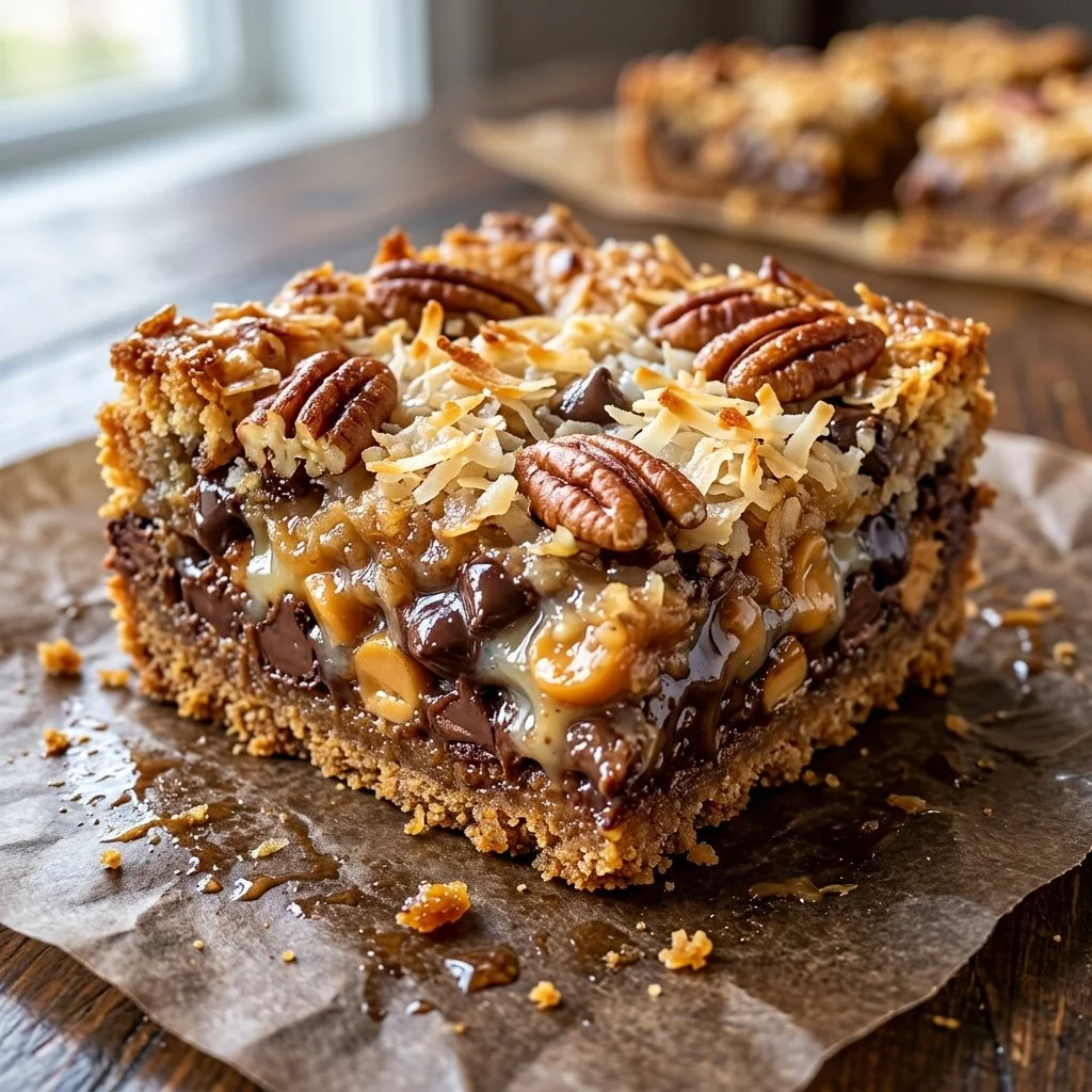 Delicious Hello Dolly Bars layered with chocolate, coconut, and nuts.