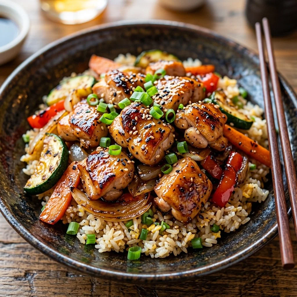 Delicious plate of Hibachi Chicken with vegetables and rice served hot