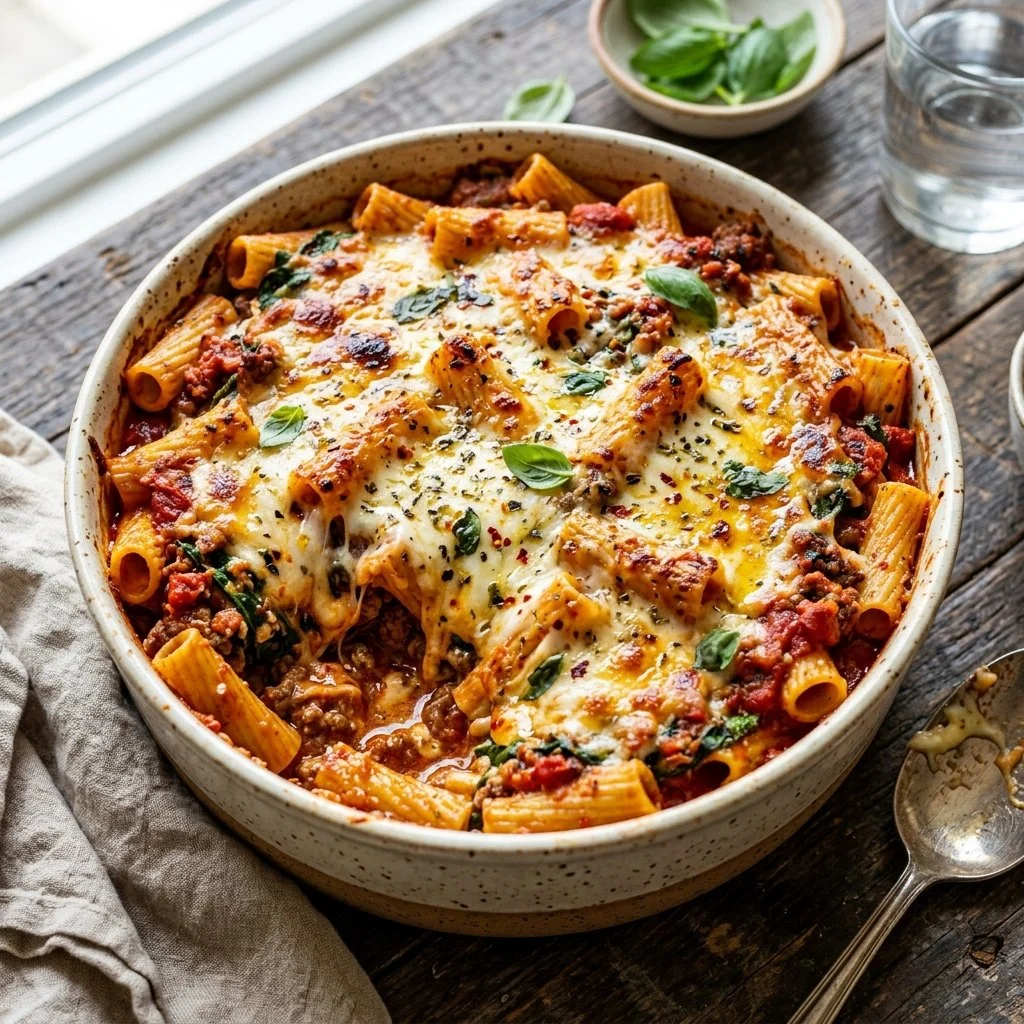 High protein pasta bake topped with cheese and herbs, ready to serve.