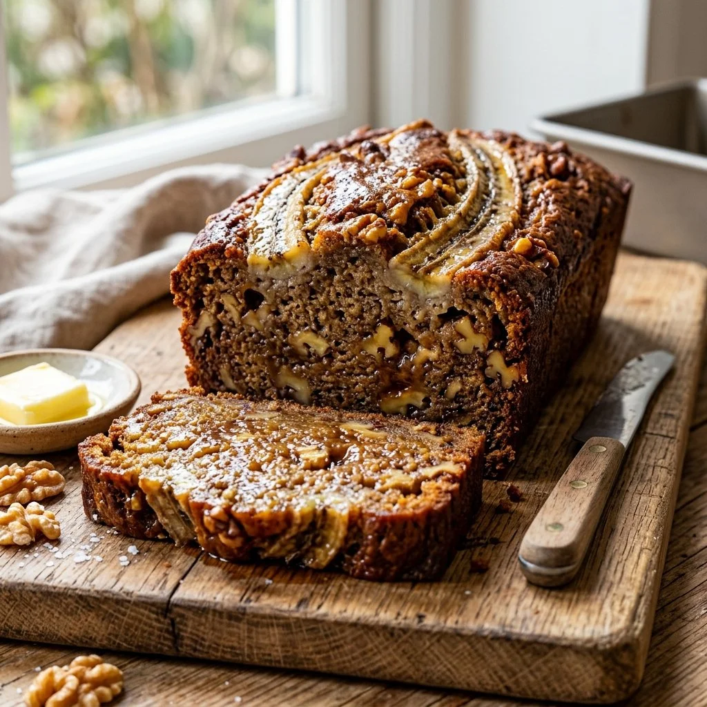 Freshly baked homemade banana bread with bananas and walnuts