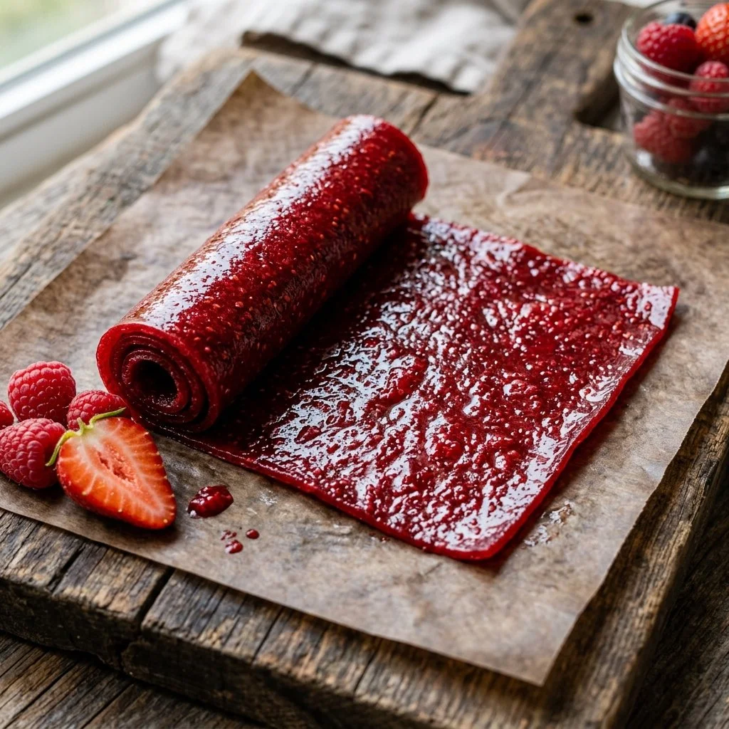 Delicious homemade fruit leather made from fresh fruits.