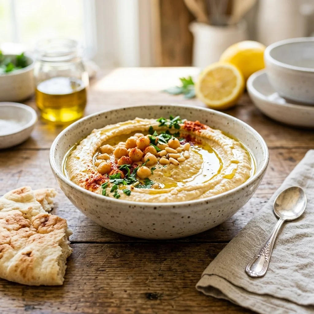 Bowl of creamy homemade hummus served with fresh veggies and pita bread