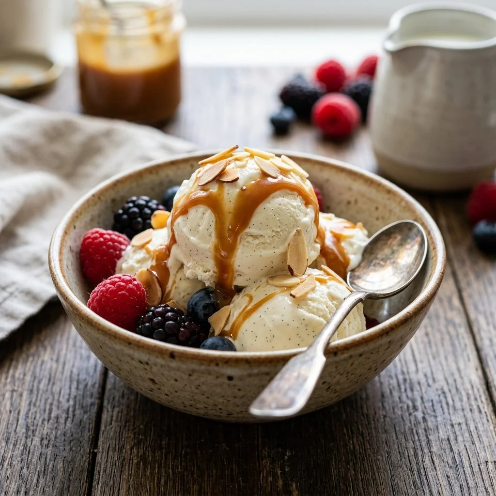 Delicious homemade ice cream in a bowl with toppings