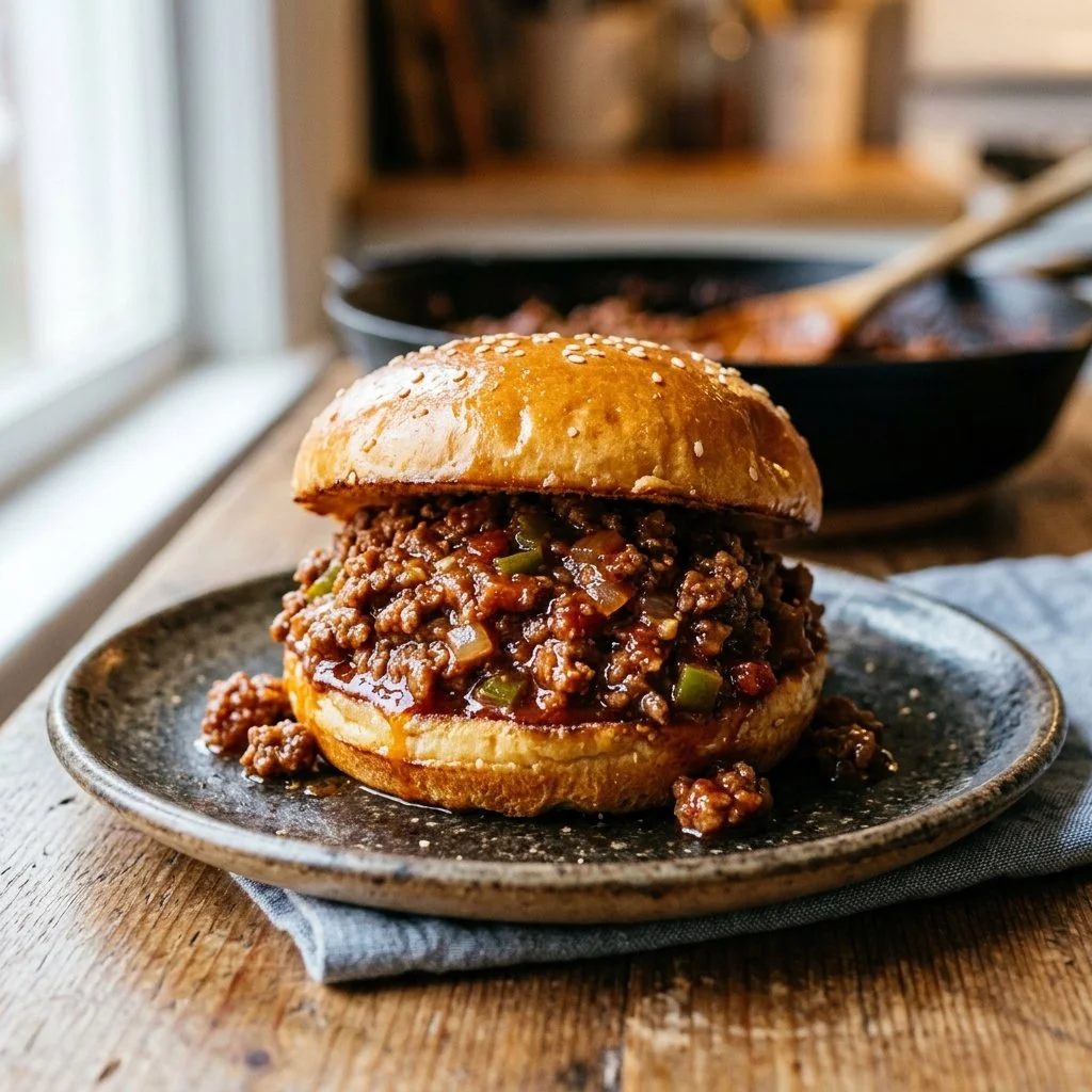 Plate of homemade sloppy joes with fresh ingredients and toppings