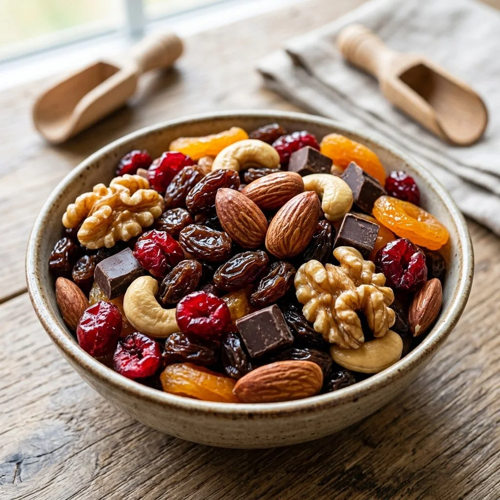Homemade trail mix with nuts, dried fruits, and seeds in a glass jar.