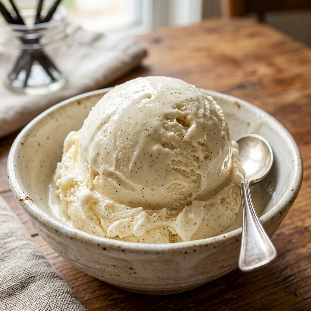 Homemade vanilla ice cream in a bowl with fresh vanilla beans