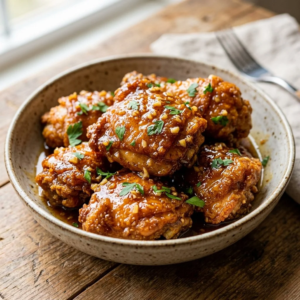 Delicious Honey Butter Chicken served with sides on a plate.