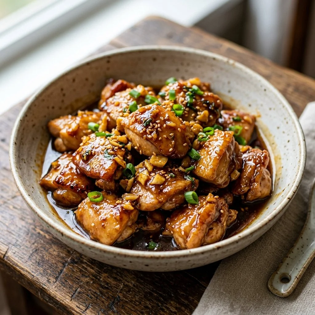 Delicious honey garlic chicken garnished with chopped green onions