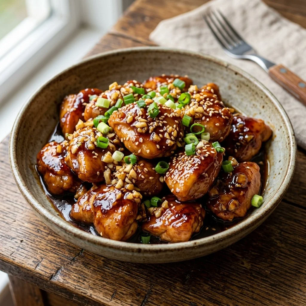 Delicious Honey Garlic Chicken garnished with sesame seeds and herbs